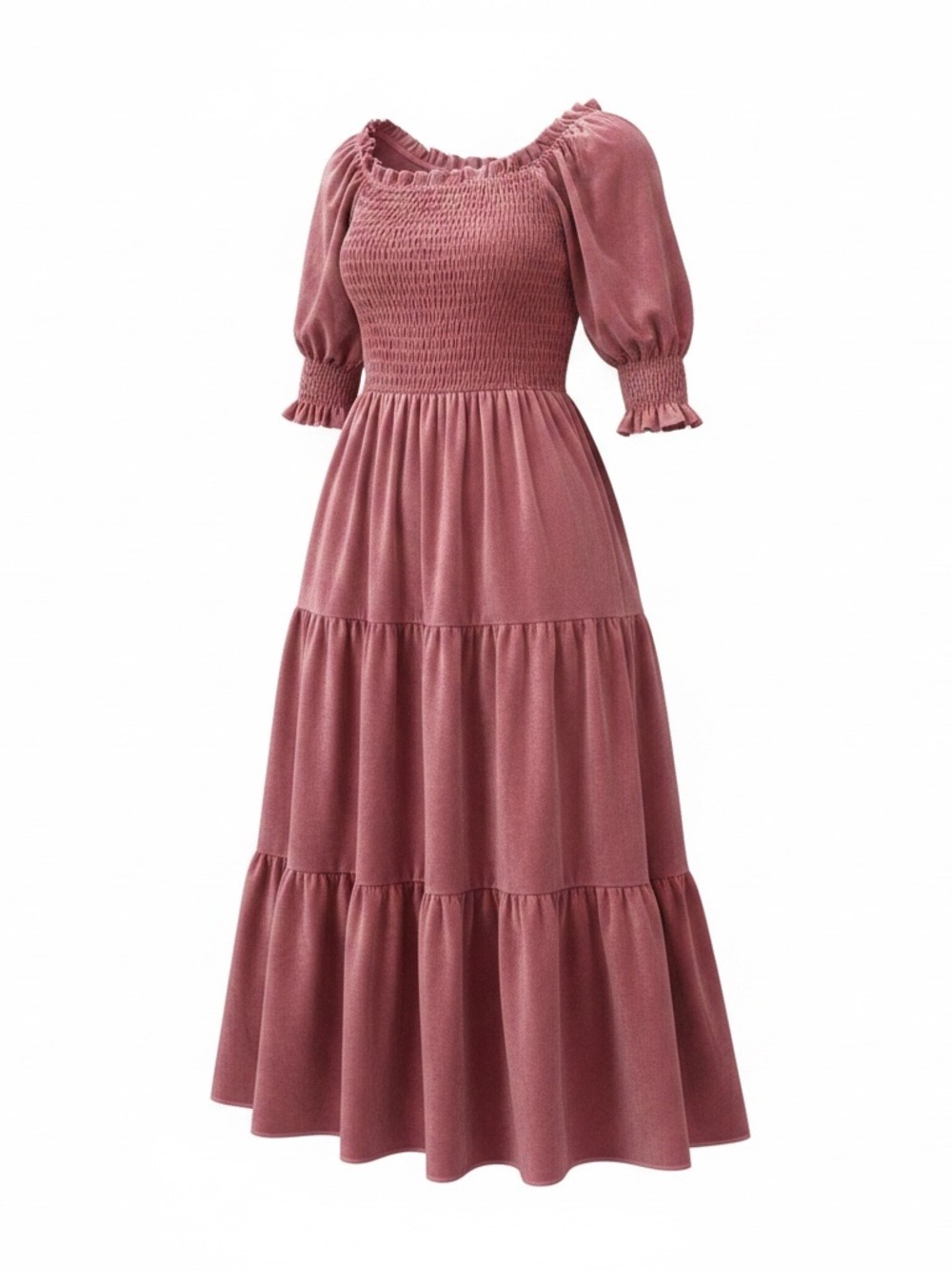 Smocked Puff-Sleeve Tiered Maxi Dress - Dusty Rose